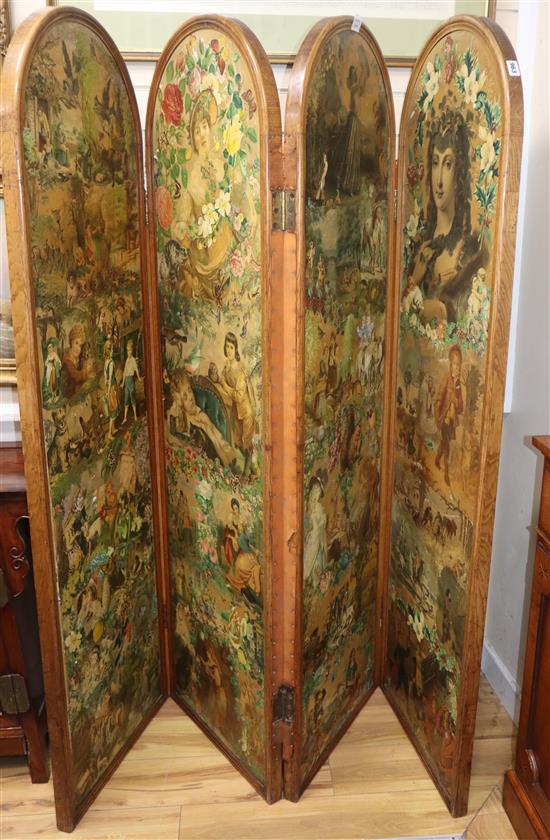 A Victorian four fold decoupage screen H.176cm